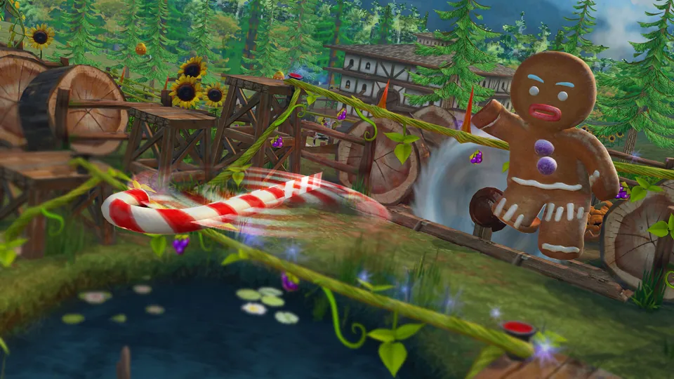 Gingy swings a giant candy cane at a log wall by a swamp pond in Shrek 2 Remastered