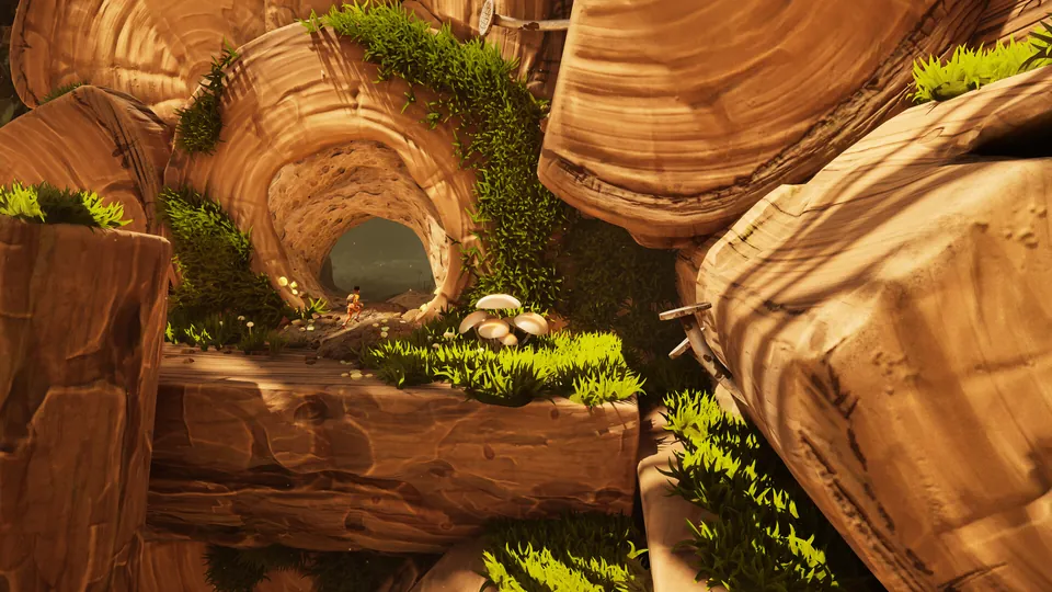 Grounded 2 Rot and Ruin image: a tiny player stands at a tunnel through giant stacked logs in the Woodpile