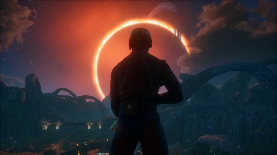 A Commander in silhouette faces a glowing eclipse ring above rocky arches