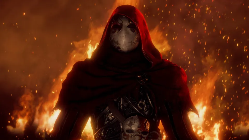 A masked figure in a red hood stands in front of a wall of fire