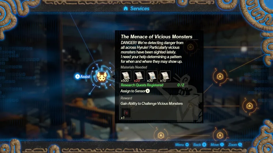 The Services menu with a research quest called The Menace of Vicious Monsters in Hyrule Warriors: Age of Calamity Definitive Edition