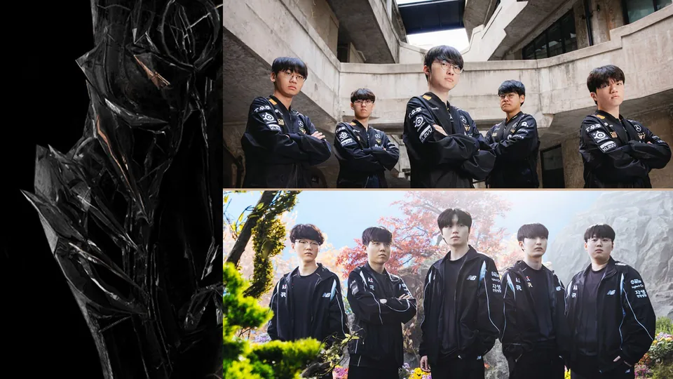 T1 and KT Rolster players pose in team jackets in Riot's art for the Worlds 2025 final