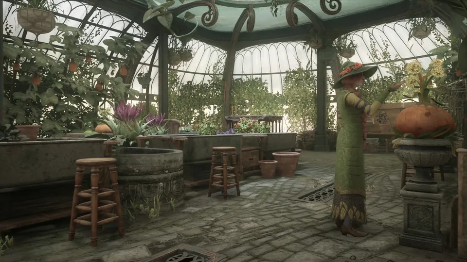 A professor in green robes and a feathered hat tends plants inside a glass greenhouse in Hogwarts Legacy on Nintendo Switch 2