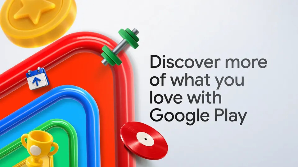 Colorful 3D Google Play shapes, a trophy, a dumbbell and a record next to the words Discover more of what you love with Google Play