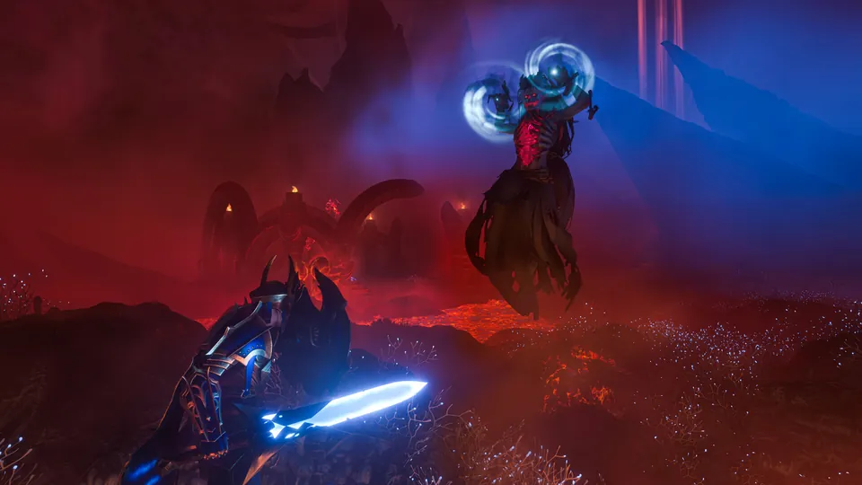A hooded Enshrouded boss floats above a red, smoky battlefield
