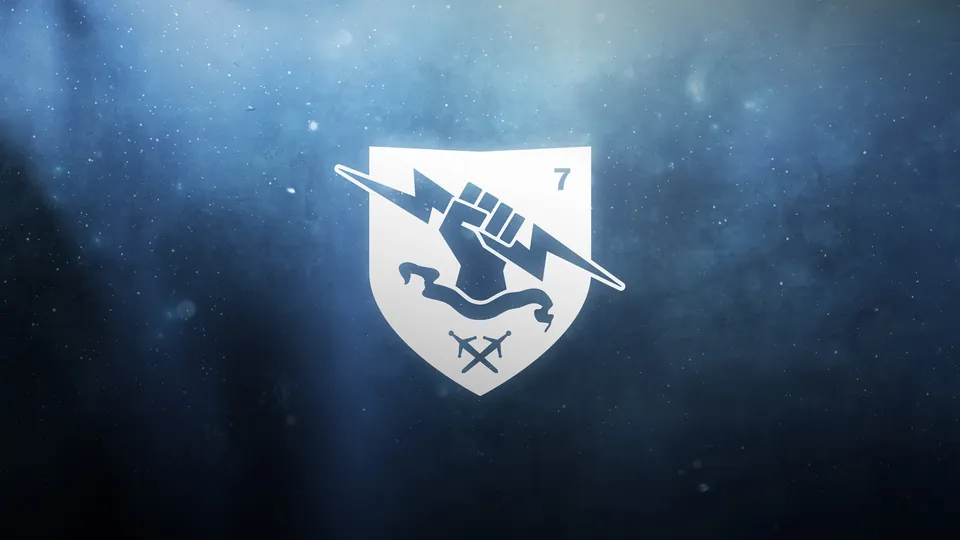 The white Bungie crest with a raised fist and lightning bolt on a dark blue starry background