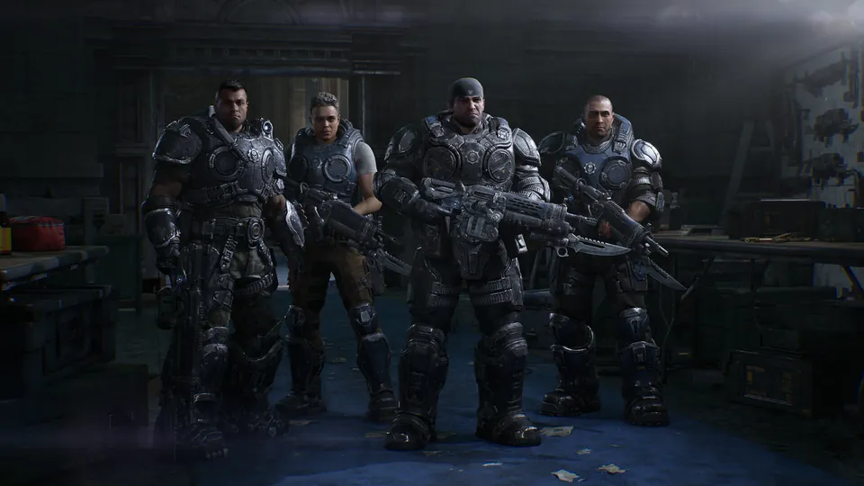 Four armored soldiers stand together in a dim garage in Gears of War: E-Day