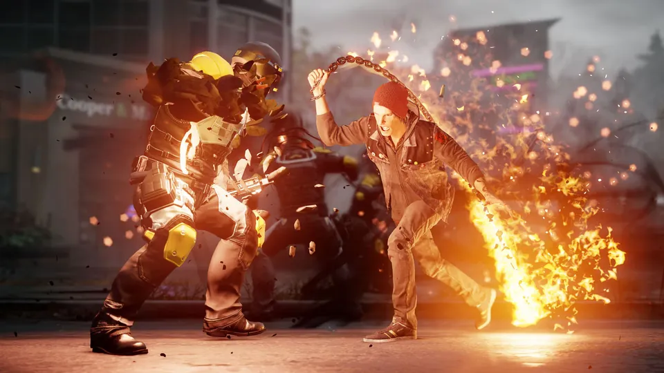 Delsin Rowe swings a flaming chain at an armored DUP soldier on a city street in inFamous Second Son