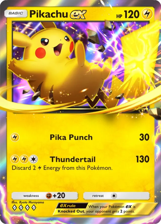 Pikachu ex card from Dual Fusion with 120 HP and the Pika Punch and Thundertail attacks