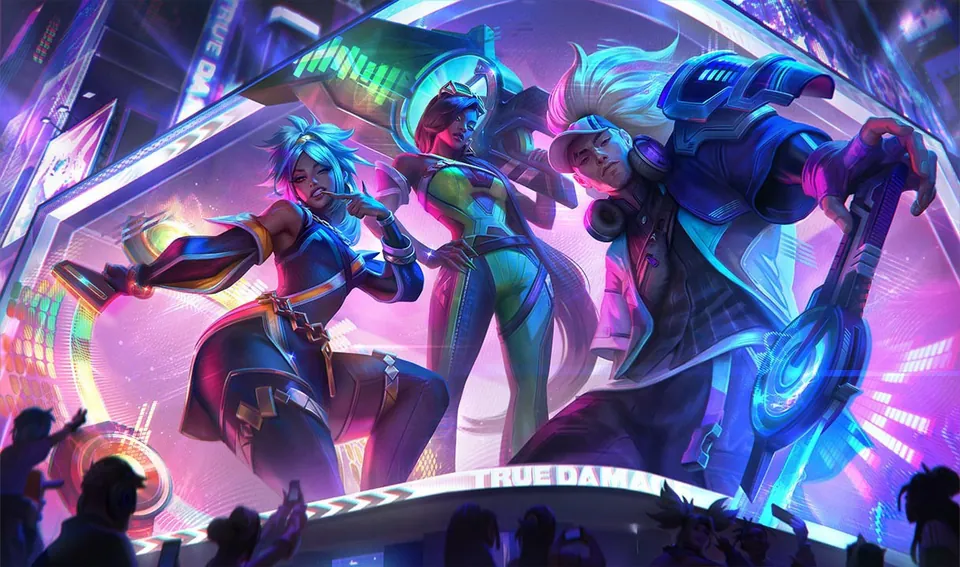 Qiyana, Senna and Yasuo of True Damage perform on a neon stage above a cheering crowd