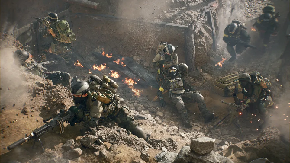 A Battlefield 6 squad takes cover in a burning trench under fire