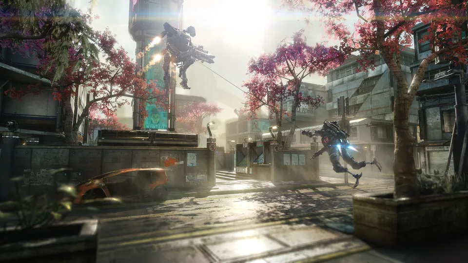 Pilots wall-run through a sunny courtyard with pink trees in Titanfall 2