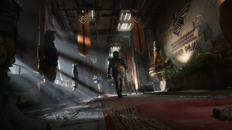 A figure walks through a grand hall hung with Novoreich banners in Metro 2039