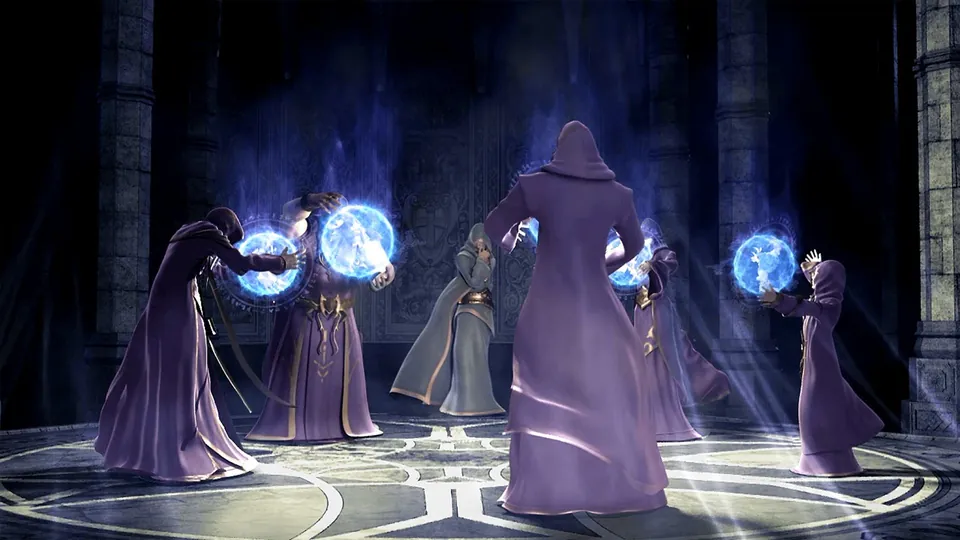 Robed figures gather around glowing orbs in art for The Council, the League Classic voting system