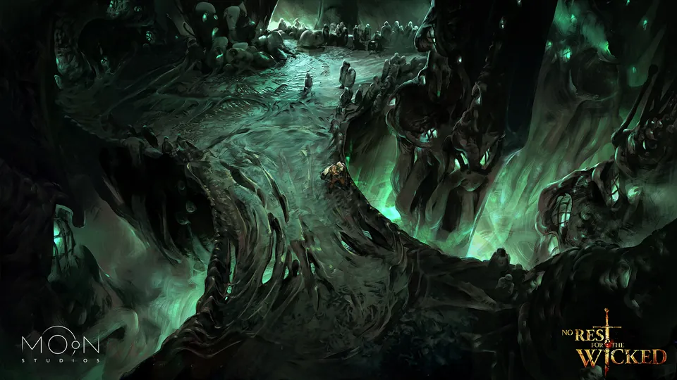 A narrow path winds through the glowing green caverns of the Reliquary in No Rest for the Wicked