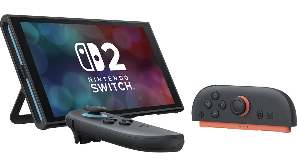 Nintendo Switch 2 on its kickstand with the Joy-Con 2 detached