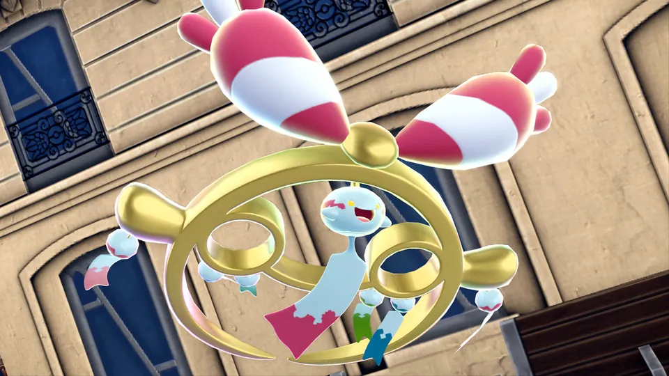 A wind chime Pokémon with a large golden ring floats above a Lumiose City street in Pokémon Legends: Z-A Mega Dimension