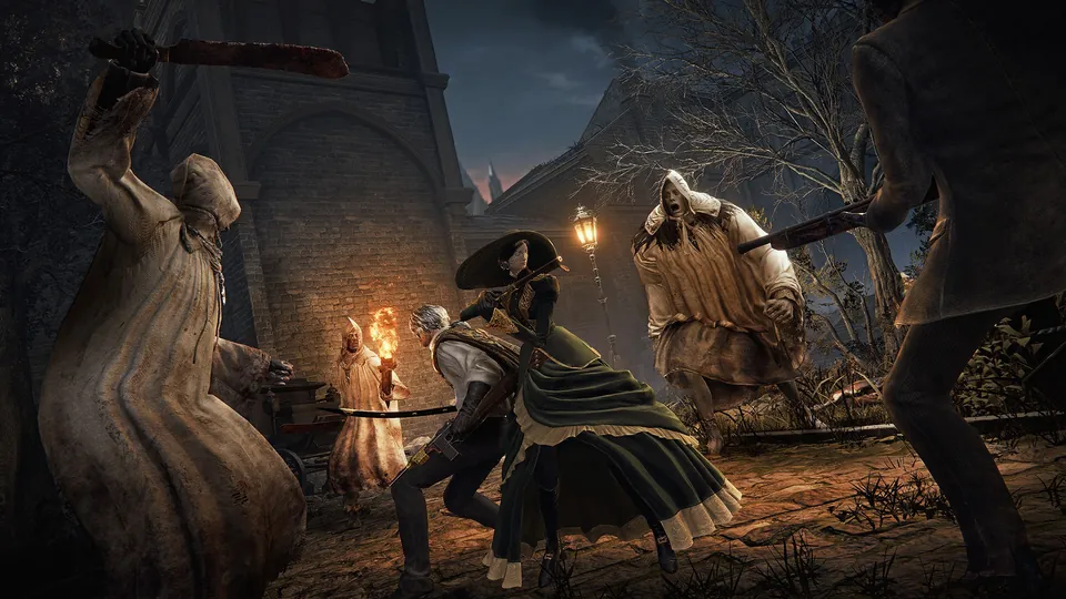 Bloodsworn fight a hulking beast in a square below a clock tower