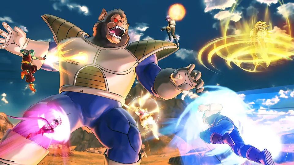 Six custom fighters hit a giant Great Ape in Saiyan armor with energy blasts above a rocky desert under a blue sky