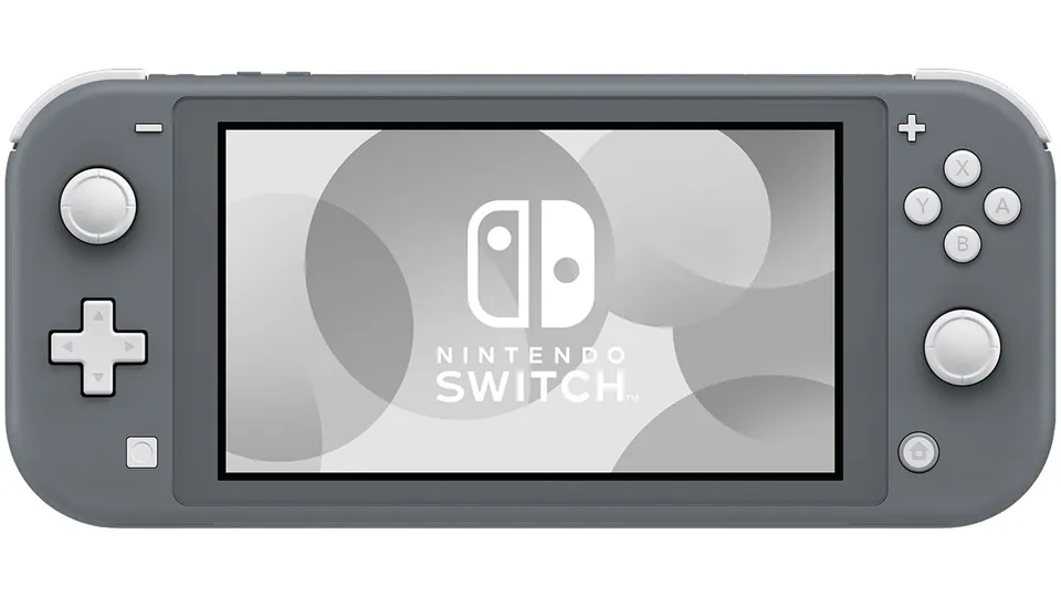 A gray Nintendo Switch Lite seen from the front