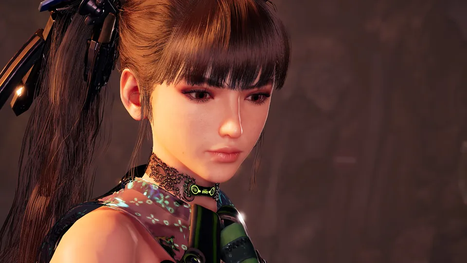 A close-up of EVE with long brown hair and a high collar in Stellar Blade