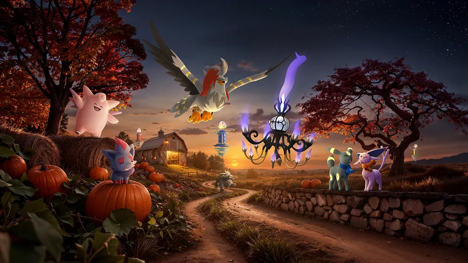 Clefable, Braviary, Chandelure, Umbreon and Espeon gather on a farm road at dusk in Pokémon GO's Twilight Trails season art