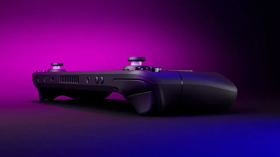 Steam Deck from behind at an angle on a purple and blue background