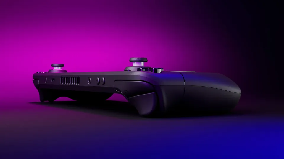 Steam Deck from behind at an angle on a purple and blue background