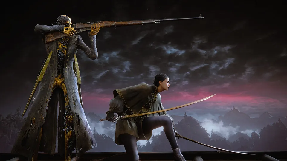 A rifleman takes aim as a sword fighter crouches beside him on a rooftop at dusk