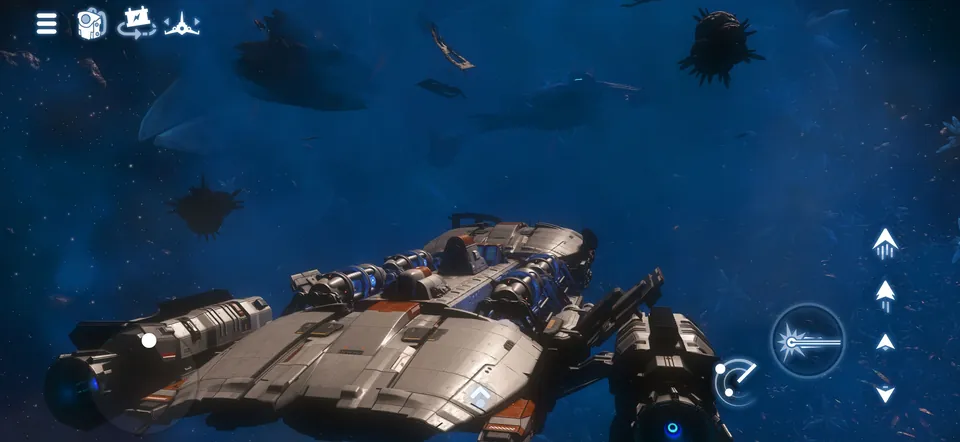 A starship flies through a dark blue space field with touch flight controls on screen in No Man's Sky on iPhone