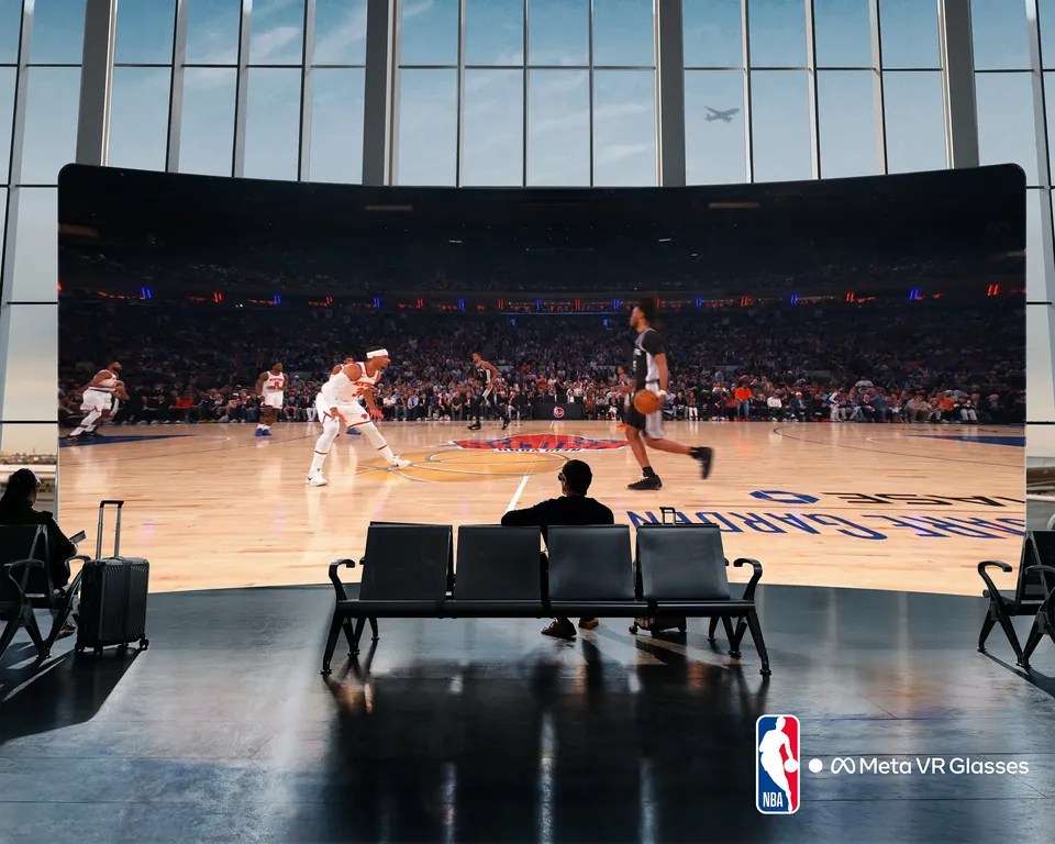 A giant virtual basketball game in front of seats at an airport gate, seen through Meta VR Glasses