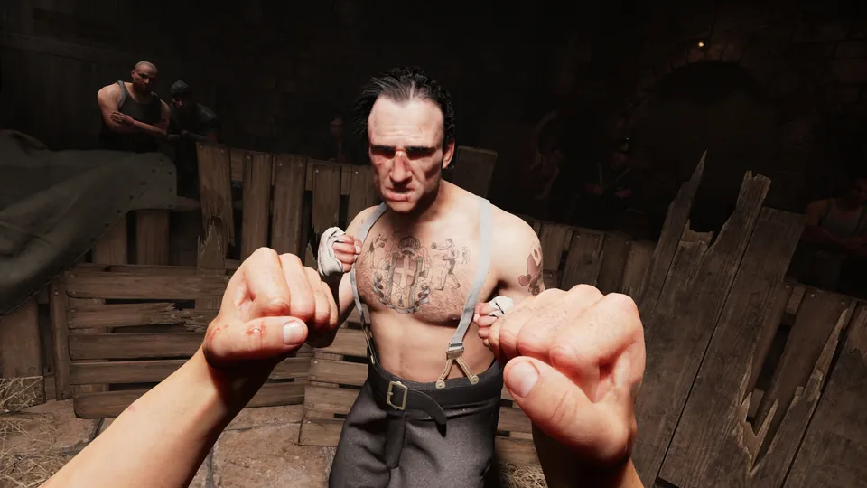 A first-person fistfight with a tattooed brawler in suspenders inside a wooden ring