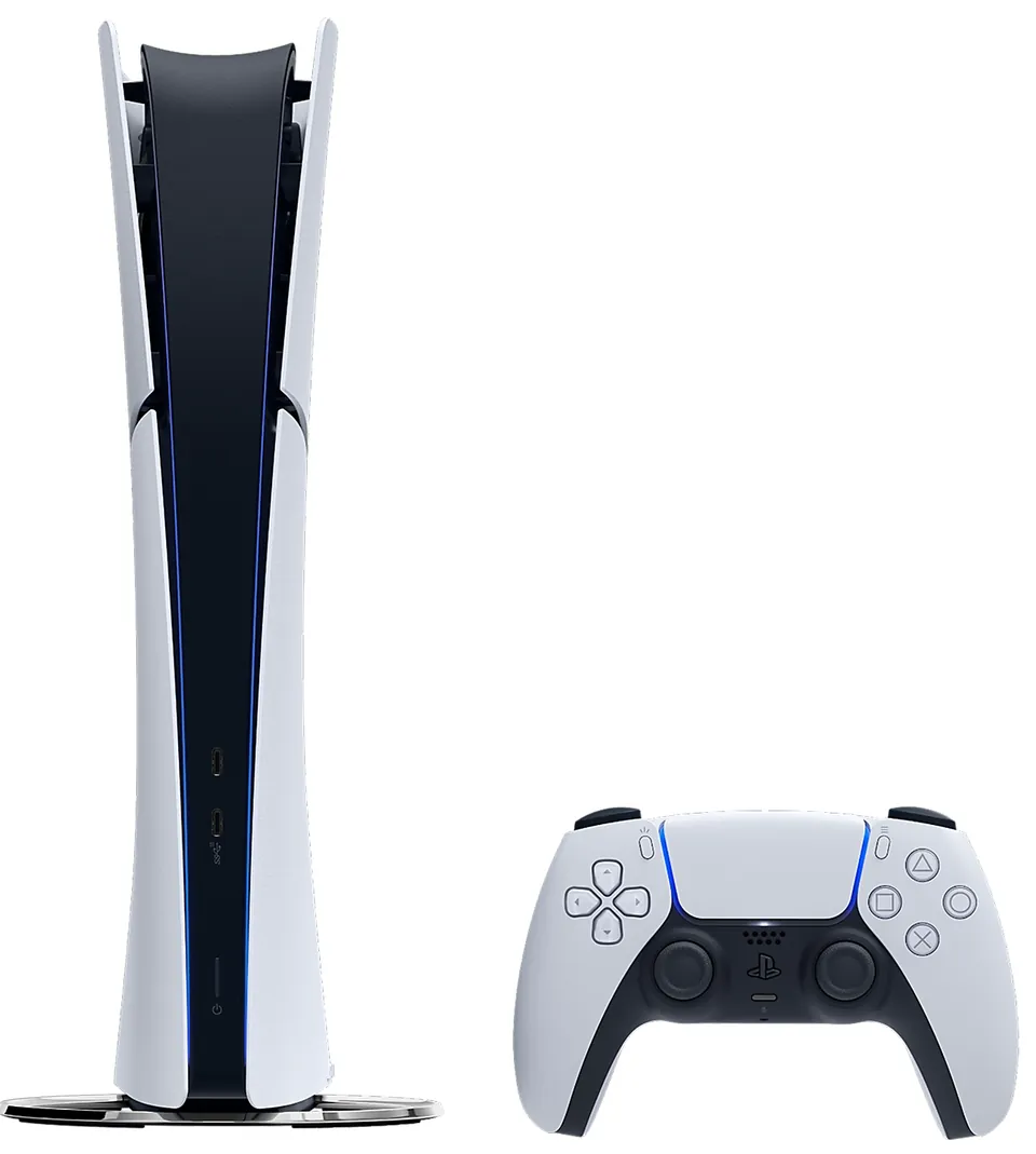 The PS5 Digital Edition without a disc drive standing upright next to a DualSense controller