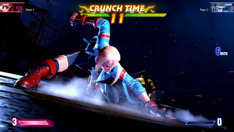 Cammy dives through the air in a cannon spike as a Crunch Time timer counts down during a match in Street Fighter 6 on Nintendo Switch 2