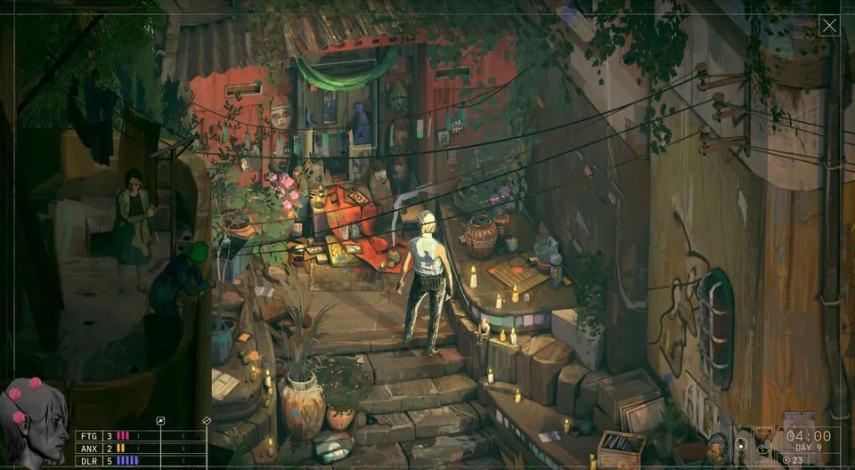 A white-haired figure stands on candlelit stone steps facing a stall of masks in a cluttered alley in Zero Parades