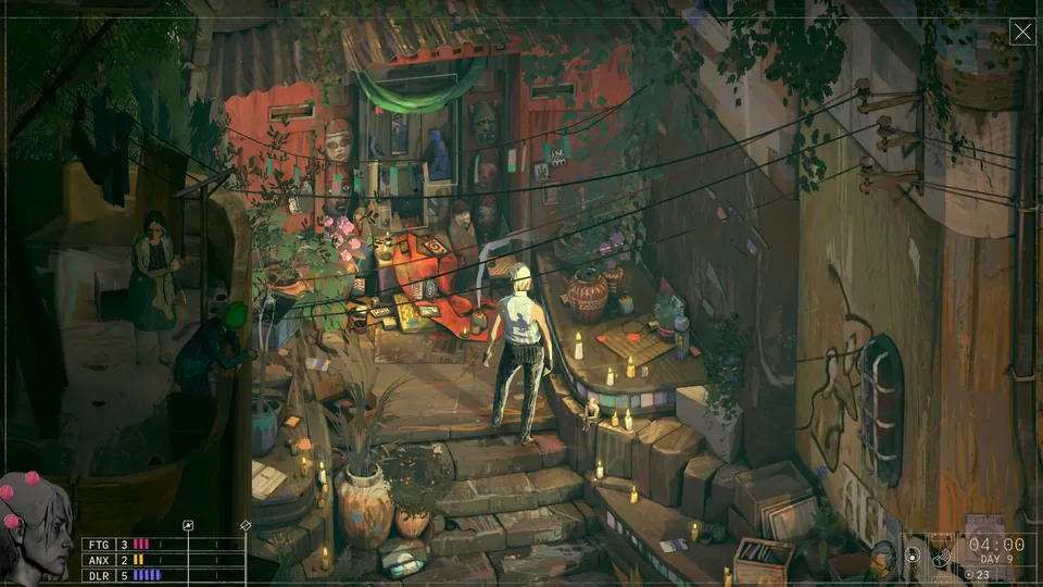 A white-haired figure stands on candlelit stone steps facing a stall of masks in a cluttered alley in Zero Parades