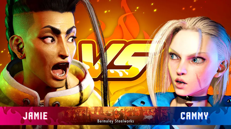 A versus screen shows a shocked Jamie facing a determined Cammy before a fight at Barmaley Steelworks in Street Fighter 6 on Nintendo Switch 2