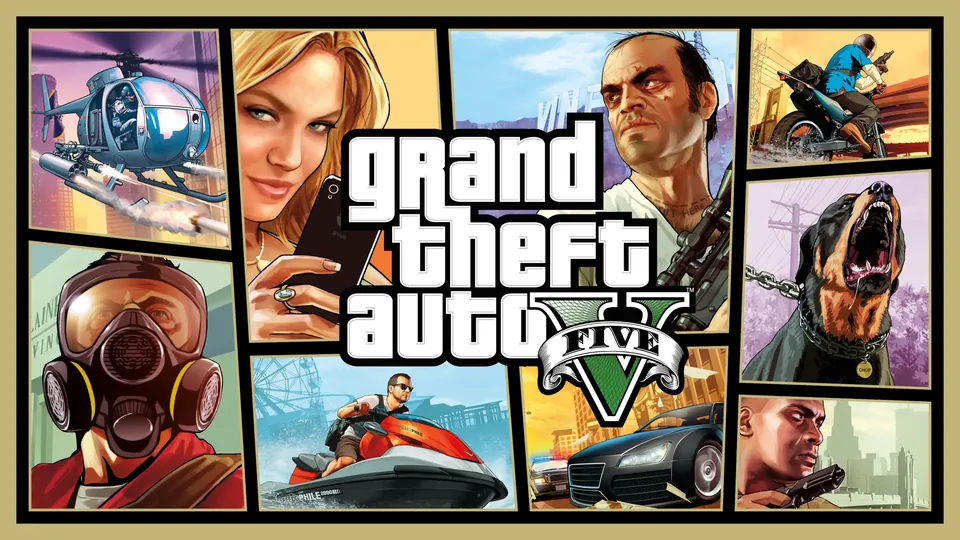 Grand Theft Auto V cover art with the game's logo and its three main characters