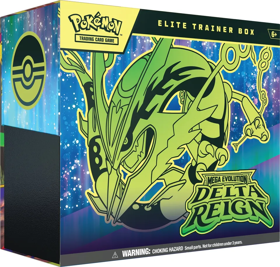 Delta Reign Elite Trainer Box in green with Mega Rayquaza across the front and side