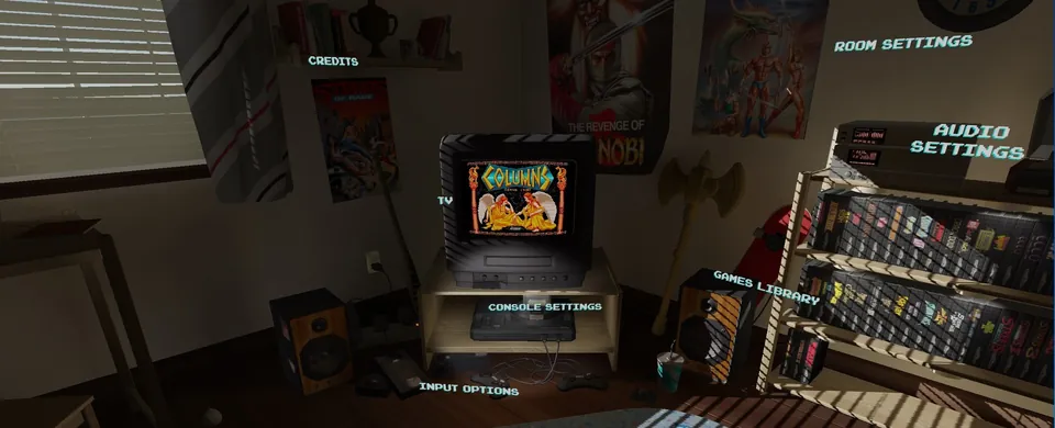 The menu of SEGA Mega Drive and Genesis Classics, a virtual bedroom with a TV, a console and shelves of games