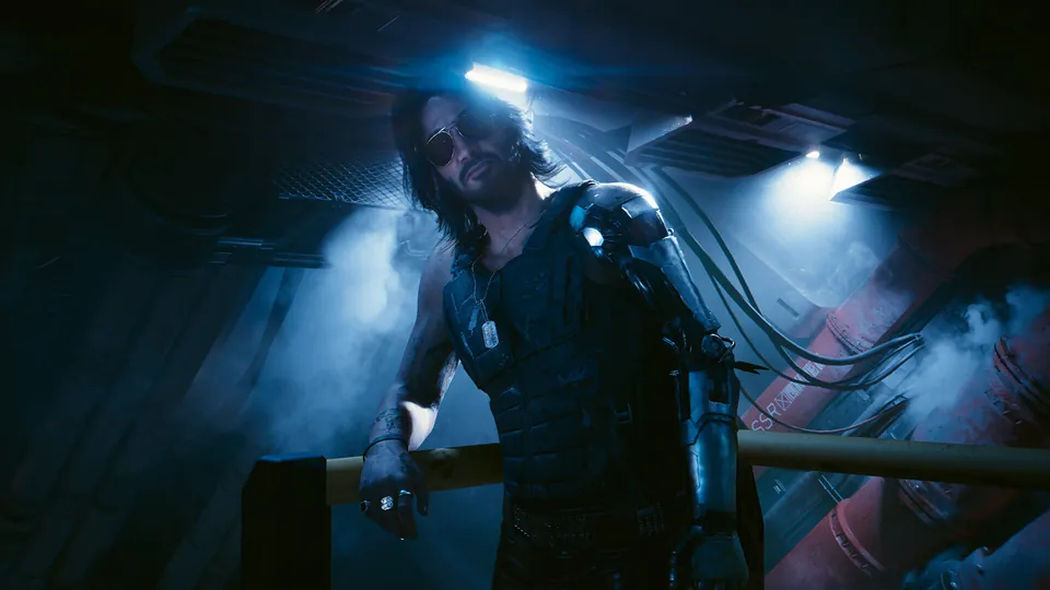Johnny Silverhand leans on a railing in a smoky, blue-lit room in Cyberpunk 2077