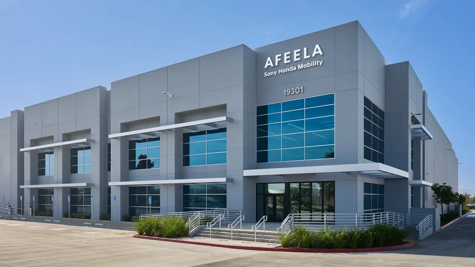 The Afeela Studio and Delivery Hub building in Torrance, California, with Afeela and Sony Honda Mobility signs on its facade