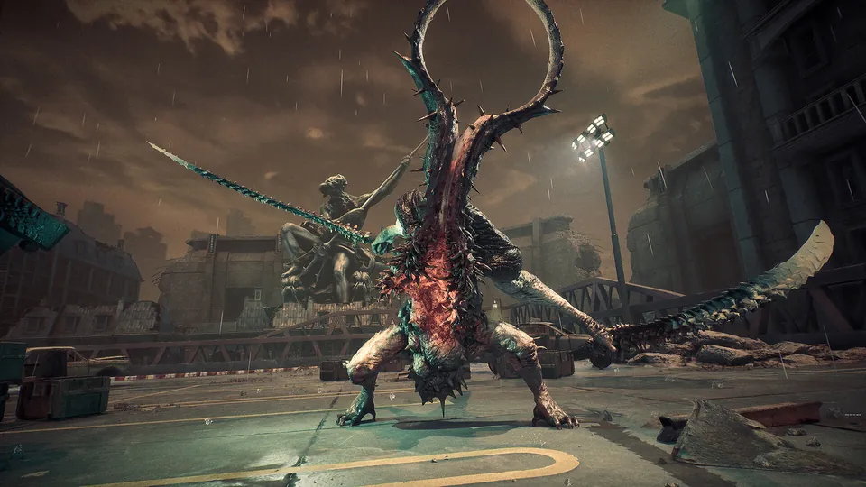 A tall horned Naytiba creature with a blade arm stalks a ruined city street in the rain