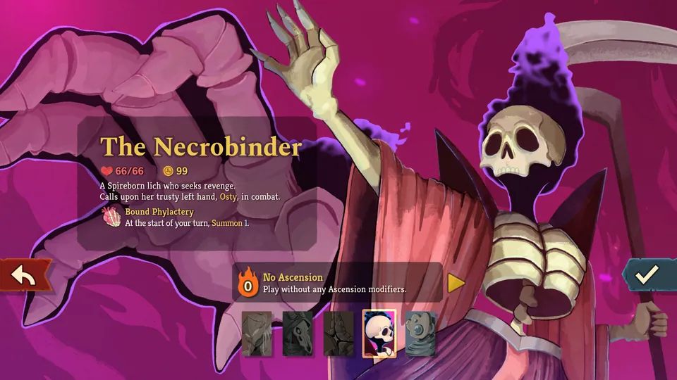 The character select screen shows the Necrobinder, a skeletal lich in red robes with a scythe, in Slay the Spire 2
