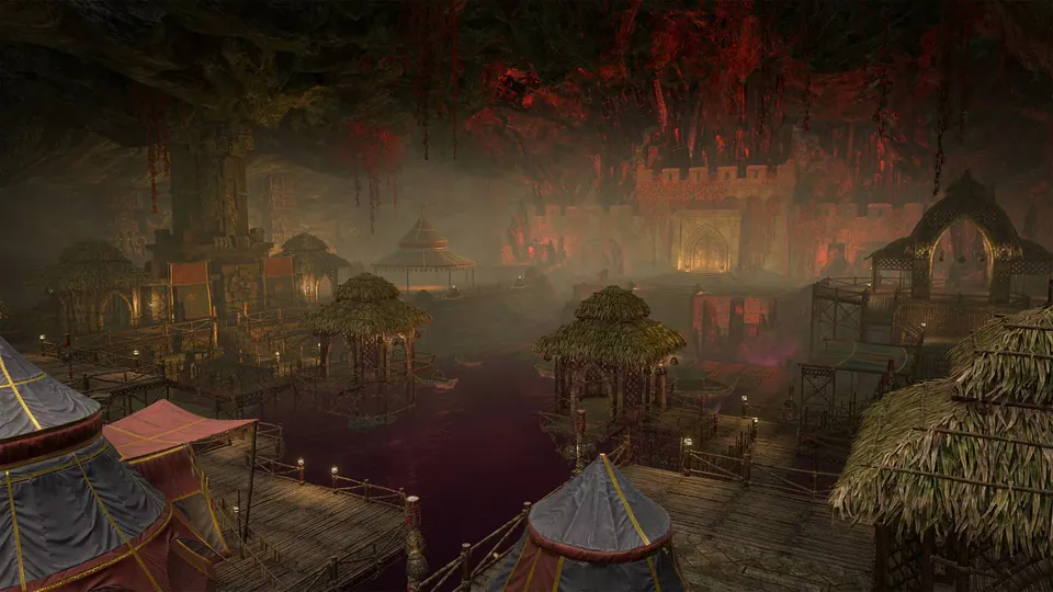 The Grotto of Desires home in The Elder Scrolls Online, a red cavern with a castle, tents and wooden walkways over dark water