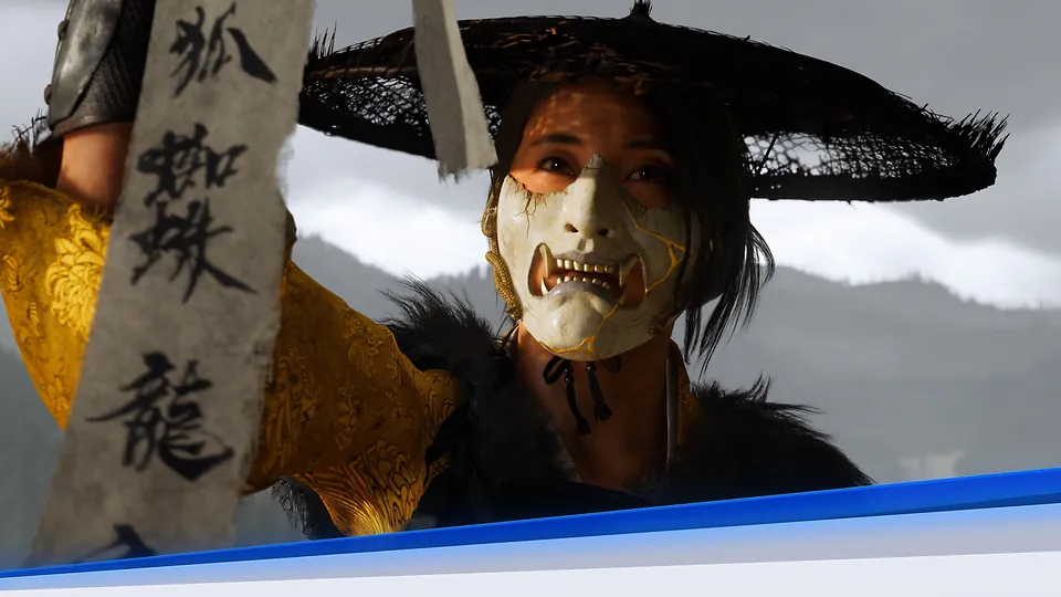 Atsu in a white oni mask holding a banner in Ghost of Yōtei on PS5