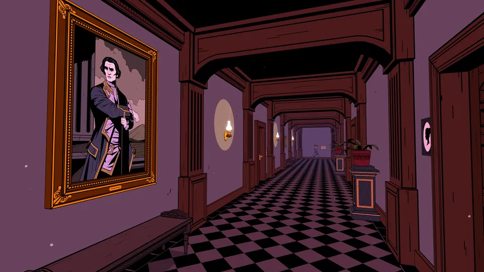A dim manor hallway with a checkered floor and a large portrait in The Séance of Blake Manor