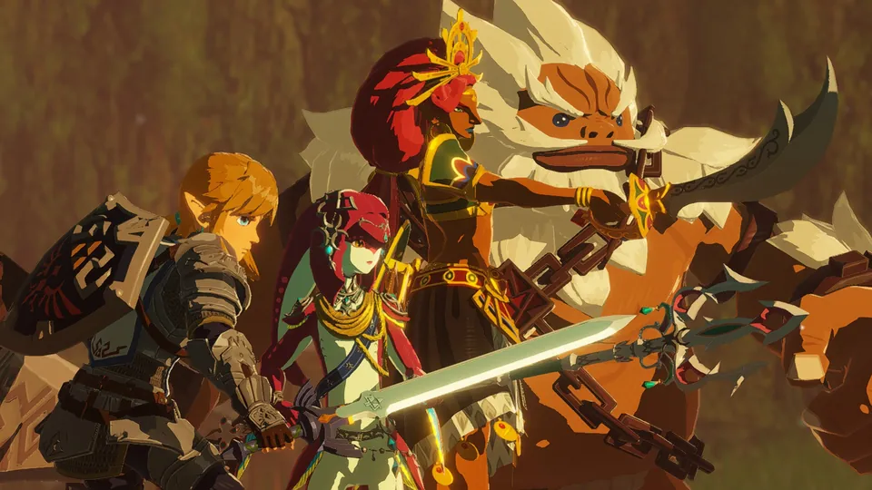 Link stands ready with a sword beside the Champions Mipha, Urbosa and Daruk in Hyrule Warriors: Age of Calamity Definitive Edition