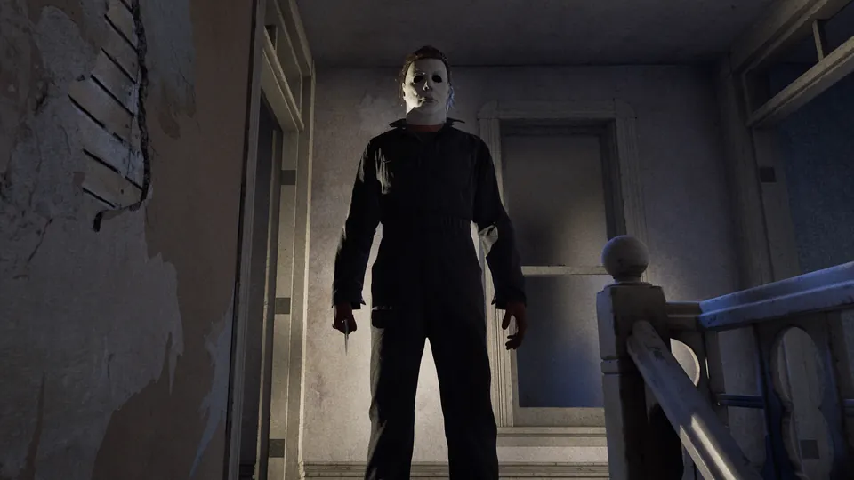 Michael Myers in a dark coverall and white mask holding a knife at the top of a staircase in Halloween: The Game