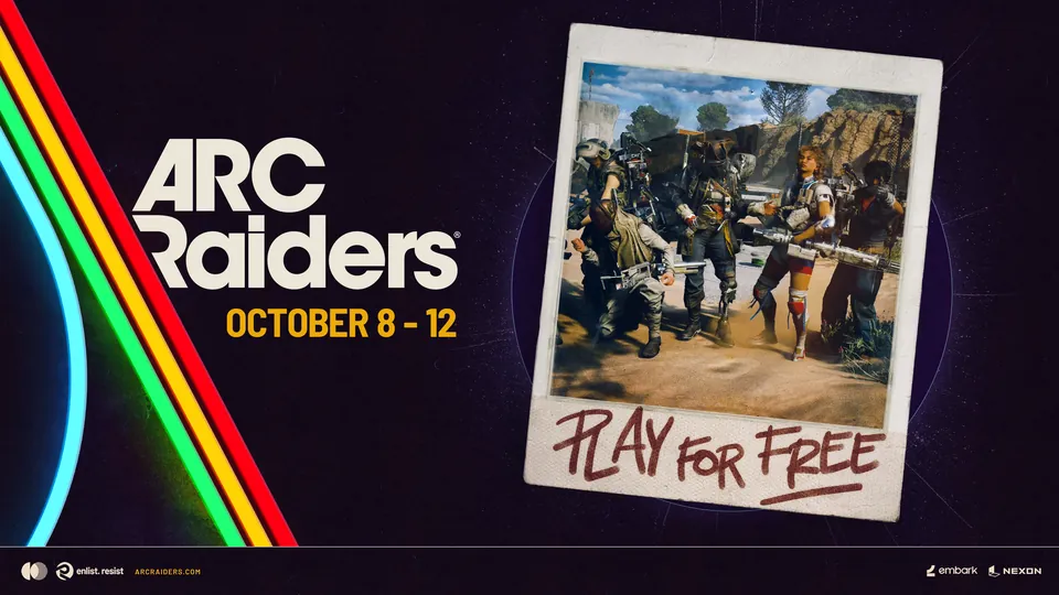 ARC Raiders promotional art for the Oct. 8 to 12 free play period, with a photo of a squad of Raiders